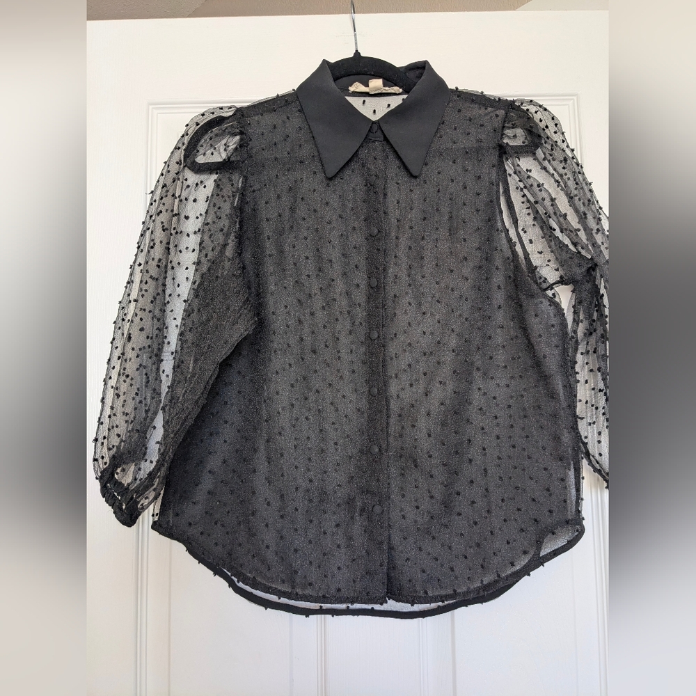 Sheer Black Polka Dot Button Down Top Blouse With Flutter Puff Sleeves Sz S (M)